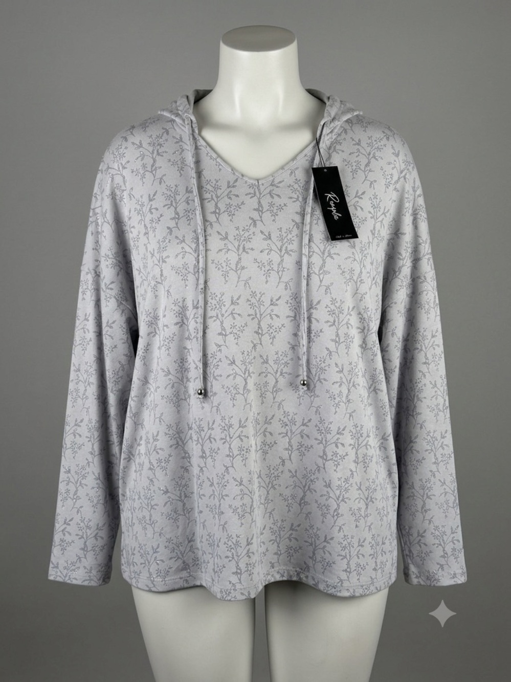 Remplie Gray Hooded, pullover V-Neck Hooded Long Sleeve